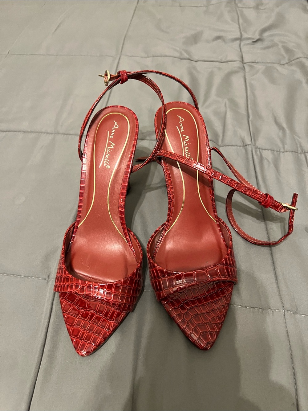 Anne Michelle Red Croc-Embossed Pointed Slingback Heels with Ankle Strap